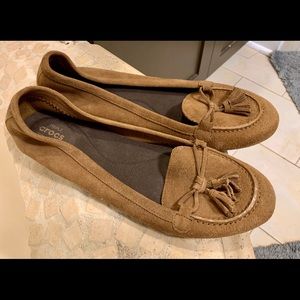 Brown suede tassel crocs loafers, size 10.5